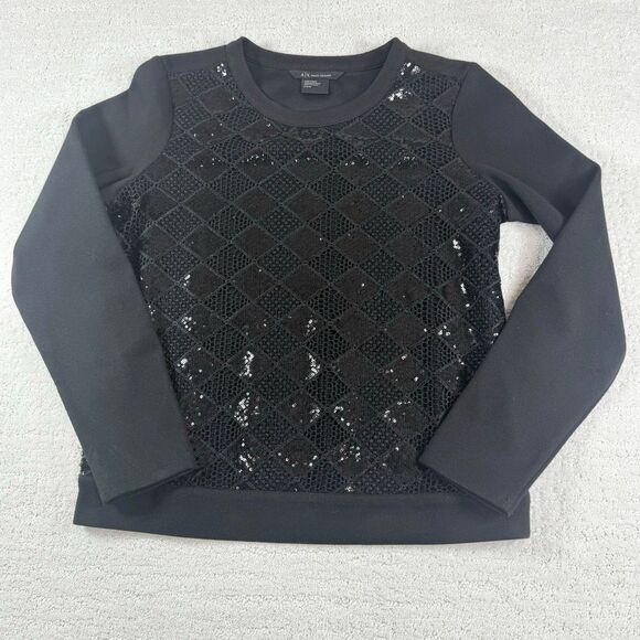 Armani Exchange A/X black sequin mesh argyle crew neck sweatshirt - US Women’s M - Picture 1 of 10